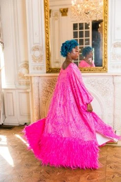 Fringe Co Pink Sequin Embroidered And Feather Long Caftan Caftan Club Collection 8 Fringe Co Pink Sequin Embroidered And Feather Long Caftan Caftan Club Collection