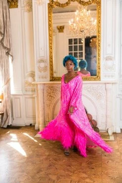 Fringe Co Pink Sequin Embroidered And Feather Long Caftan Caftan Club Collection