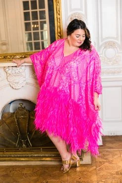 Fringe Co Pink Sequin Embroidered And Feather Short Caftan Caftan Club Collection