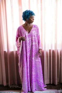 Fringe Co Pink Striped Sequin Embroidered Long Caftan