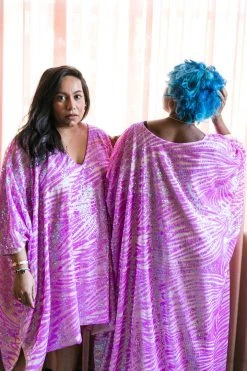 Fringe Co Pink Striped Sequin Embroidered Long Caftan