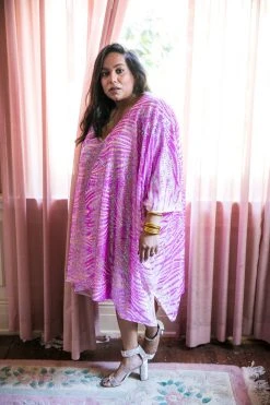 Fringe Co Pink Striped Sequin Embroidered Short Caftan