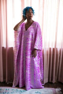 Fringe Co Pink Striped Sequin Embroidered Long Caftan
