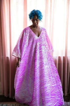 Fringe Co Pink Striped Sequin Embroidered Long Caftan