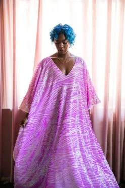 Fringe Co Pink Striped Sequin Embroidered Long Caftan