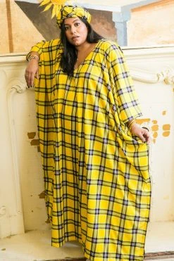 Fringe Co Caftan Club Collection Yellow Plaid Long Caftan
