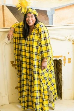 Fringe Co Caftan Club Collection Yellow Plaid Long Caftan