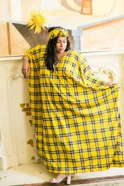 Fringe Co Caftan Club Collection Yellow Plaid Long Caftan