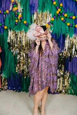 Fringe Co Caftan Club Collection Purple Holographic Embroidered Short Caftan