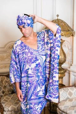 Fringe Co Caftan Club Collection Purple Holographic Embroidered Sequin Short Caftan