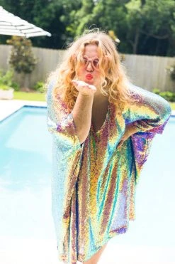 Fringe Co Caftan Club Collection Purple Holographic Sequin Short Caftan