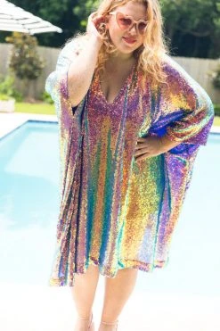 Fringe Co Caftan Club Collection Purple Holographic Sequin Short Caftan