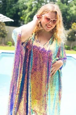 Fringe Co Caftan Club Collection Purple Holographic Sequin Short Caftan