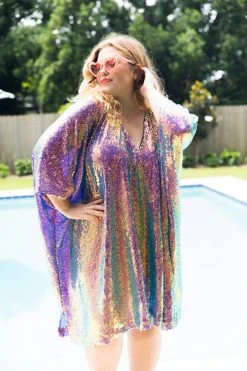 Fringe Co Caftan Club Collection Purple Holographic Sequin Short Caftan