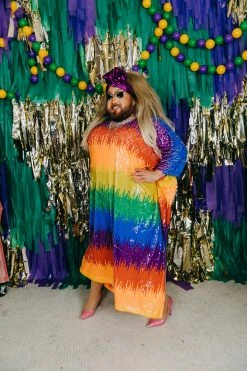 Fringe Co Caftan Club Collection Firecracker Rainbow Sequin Long Caftan