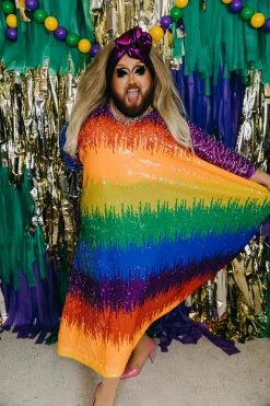 Fringe Co Caftan Club Collection Firecracker Rainbow Sequin Long Caftan