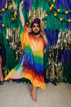 Fringe Co Caftan Club Collection Firecracker Rainbow Sequin Long Caftan