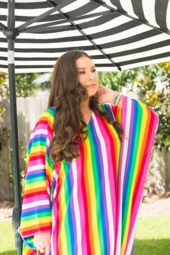 Fringe Co Caftan Club Collection Rainbow Stripe Chiffon Long Caftan