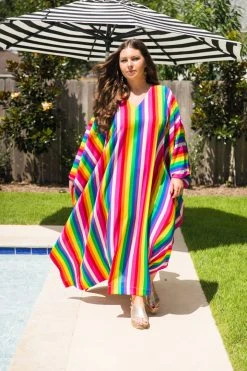 Fringe Co Caftan Club Collection Rainbow Stripe Chiffon Long Caftan