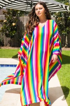 Fringe Co Caftan Club Collection Rainbow Stripe Chiffon Long Caftan