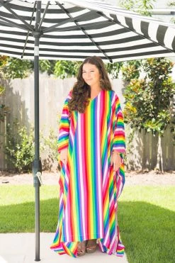 Fringe Co Caftan Club Collection Rainbow Stripe Chiffon Long Caftan