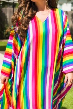 Fringe Co Caftan Club Collection Rainbow Stripe Chiffon Long Caftan
