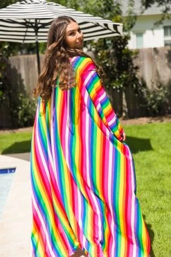 Fringe Co Caftan Club Collection Rainbow Stripe Chiffon Long Caftan