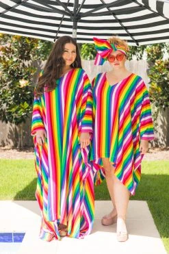 Fringe Co Caftan Club Collection Rainbow Stripe Chiffon Long Caftan