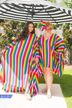 Fringe Co Caftan Club Collection Rainbow Stripe Chiffon Long Caftan