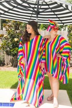Fringe Co Caftan Club Collection Rainbow Stripe Chiffon Long Caftan