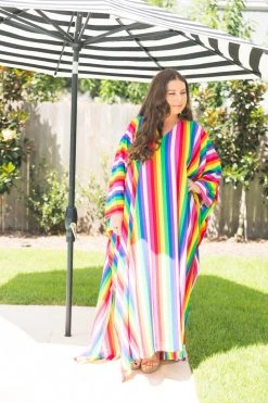 Fringe Co Caftan Club Collection Rainbow Stripe Chiffon Long Caftan