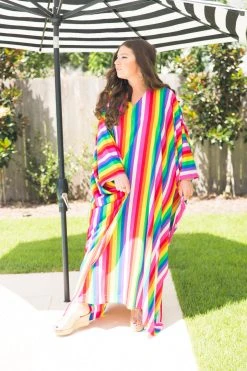 Fringe Co Caftan Club Collection Rainbow Stripe Chiffon Long Caftan