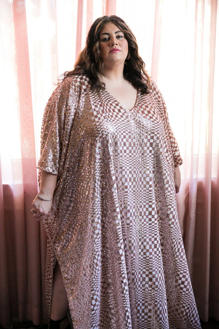 Fringe Co Rose Gold Sequin Check Long Caftan Caftan Club Collection 1 Fringe Co Rose Gold Sequin Check Long Caftan Caftan Club Collection