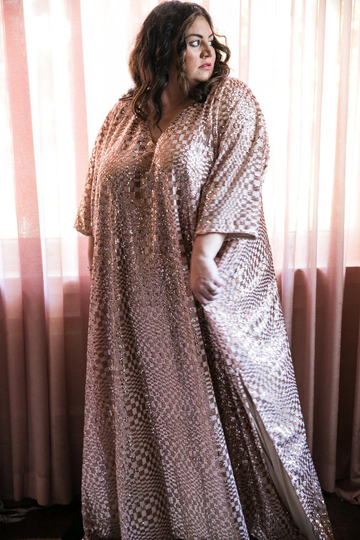 Fringe Co Rose Gold Sequin Check Long Caftan Caftan Club Collection 4 Fringe Co Rose Gold Sequin Check Long Caftan Caftan Club Collection