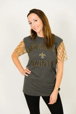 Fringe Co Saints Gold Diamond Sequin Sleeve Party Tee