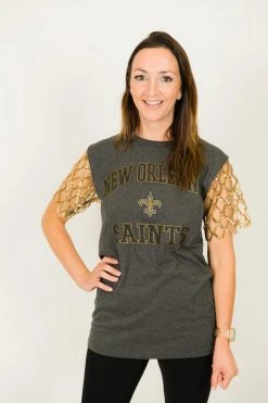 Fringe Co Saints Gold Diamond Sequin Sleeve Party Tee