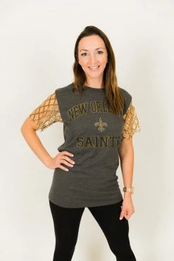 Fringe Co Saints Gold Diamond Sequin Sleeve Party Tee