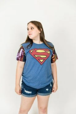 Fringe Co Superman Blue Iridescent Sequin Sleeve Party Tee