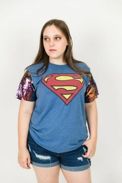 Fringe Co Superman Blue Iridescent Sequin Sleeve Party Tee
