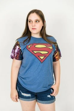 Fringe Co Superman Blue Iridescent Sequin Sleeve Party Tee
