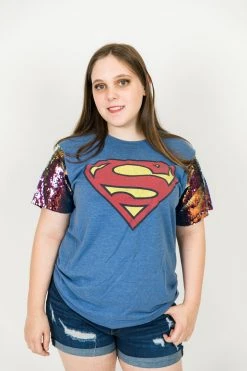 Fringe Co Superman Blue Iridescent Sequin Sleeve Party Tee