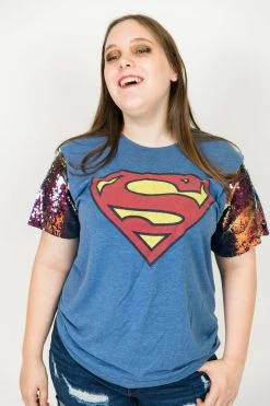 Fringe Co Superman Blue Iridescent Sequin Sleeve Party Tee