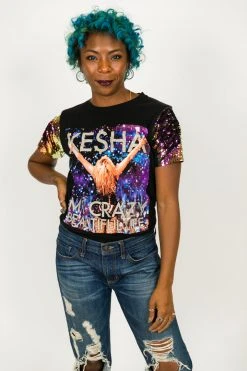 Fringe Co Kesha Purple Holographic Sequin Sleeve Party Tee Party Tees