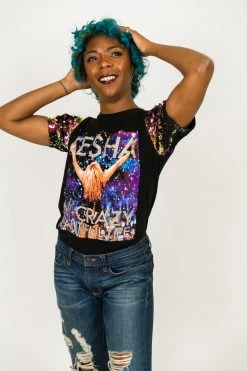 Fringe Co Kesha Purple Holographic Sequin Sleeve Party Tee Party Tees