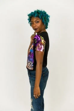 Fringe Co Kesha Purple Holographic Sequin Sleeve Party Tee Party Tees
