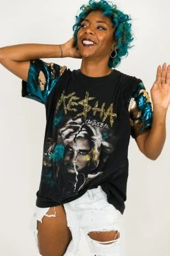Fringe Co Party Tees Kesha Blue And Gold Sequin Sleeve Party Tee