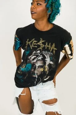 Fringe Co Party Tees Kesha Blue And Gold Sequin Sleeve Party Tee
