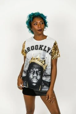 Fringe Co Party Tees Biggie Brooklyn Gold Sequin Sleeve Party Tee