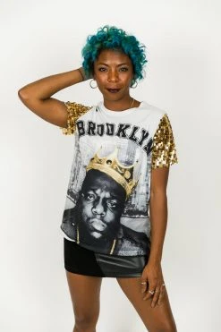 Fringe Co Party Tees Biggie Brooklyn Gold Sequin Sleeve Party Tee