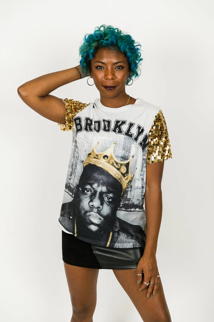 Fringe Co Party Tees Biggie Brooklyn Gold Sequin Sleeve Party Tee 2 Fringe Co Party Tees Biggie Brooklyn Gold Sequin Sleeve Party Tee